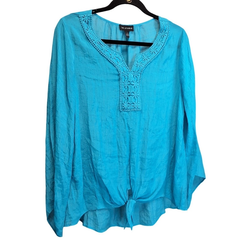 IN Studio Womens Turquoise Crochet V-Neck Tie Front Bell Sleeve Blouse Large - Picture 2 of 6